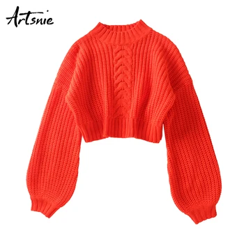 

Artsnie turtleneck cropped sweater women winter 2019 lantern sleeve pull femme hiver streetwear casual crop sweaters jumper