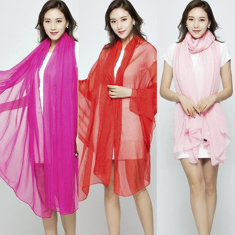 

New Arrival Women Summer Solid Color Sunscreen Chiffon Silk Lady Scarf Seaside Beach Towel Shawl Female Gauze Korean Scarf