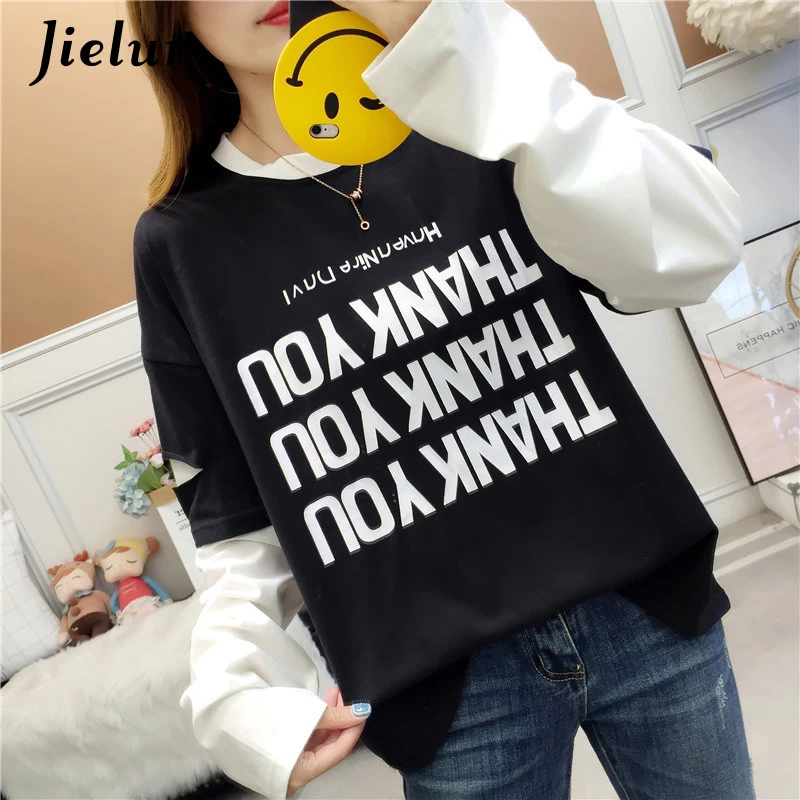 Jielur 2019 Autumn Letters Print T-shirts for Women Holes Black Patchwork T-shirt Female Spring Kpop Chic Full Sleeve Loose Tops 
Jielur 2019 Autumn Letters Print T-shirts for Women Holes Black Patchwork T-shirt Female Spring Kpop Chic Full Sleeve Loose Tops