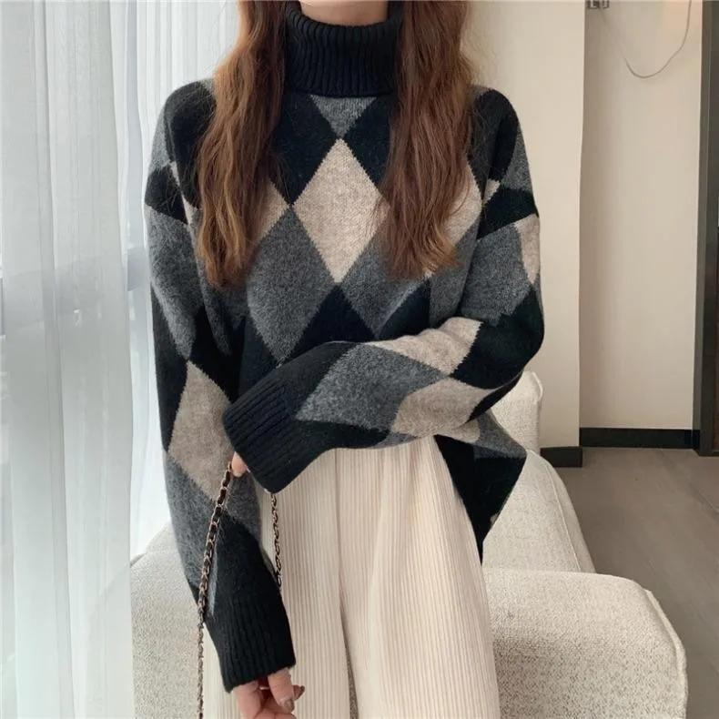 Argyle Turtleneck Loose Sweater For Women Autumn Winter Casual Long Sleeve Jumpers Ladies Harajuku Streetwear Pullover Knitwear
Argyle Turtleneck Loose Sweater For Women Autumn Winter Casual Long Sleeve Jumpers Ladies Harajuku Streetwear Pullover Knitwear