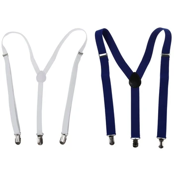 2x Adult Adjustable Metal Clamp Elastic Suspenders Braces Dark Blue & White 
2x Adult Adjustable Metal Clamp Elastic Suspenders Braces Dark Blue & White