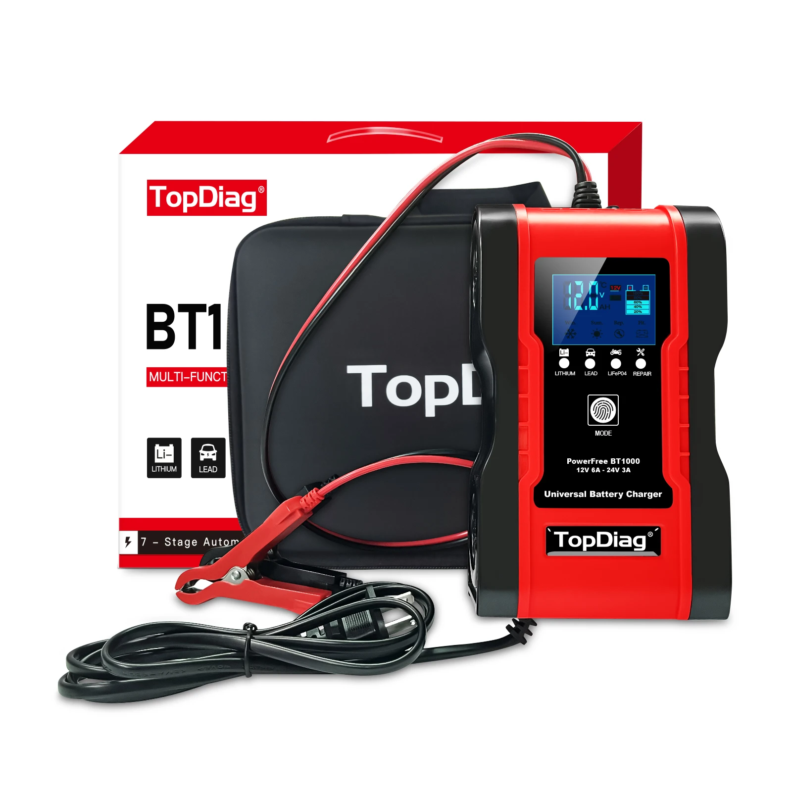 TOPDIAG BT1000 12 В 24 в 6 А автомобильное зарядное устройство для аккумуляторов, импульсное восстановление, 7-ступенчатое зарядное устройство для GEL WET AGM 12,6 в, Литий-Полимерный Аккумулятор LiFePO4
TOPDIAG BT1000 12 В 24 в 6 А автомобильное зарядное устройство для аккумуляторов, импульсное восстановление, 7-ступенчатое зарядное устройство для GEL WET AGM 12,6 в, Литий-Полимерный Аккумулятор LiFePO4