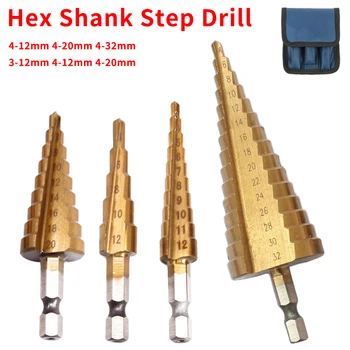 3pc HSS Step Drill Bit Cone Hole Cutter Taper 4-12/20/32mm 3-12mm 4-12mm 4-20mm 1/4 Titanium Coated Metal Hex Core Drill Bit 
3pc HSS Step Drill Bit Cone Hole Cutter Taper 4-12/20/32mm 3-12mm 4-12mm 4-20mm 1/4 Titanium Coated Metal Hex Core Drill Bit