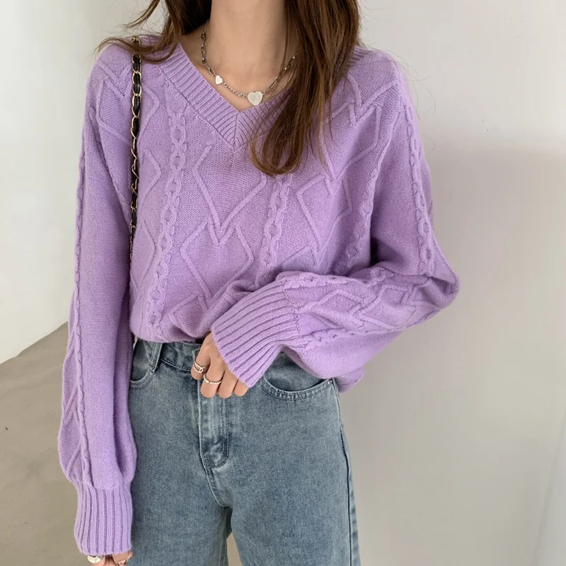 Autumn Winter Pullover Women Sweaters V-neck Loose Sweater Solid Color Knitted Women Sweater
Autumn Winter Pullover Women Sweaters V-neck Loose Sweater Solid Color Knitted Women Sweater