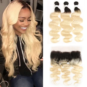 

Brazilian Human Hair Bundles With Frontal 13x4 Body Wave Ombre Blonde 1B/613 Hair Weave Bundles With Closure Non-Remy Hair KEMY