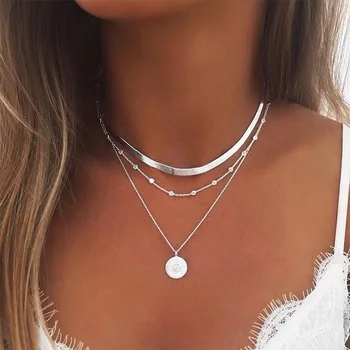 

Chic Round Lotus Women's Layered Necklace Gold Silver Color Snake Chain Choker Necklace Jewelry 2020 Bohemian Pendant Collares