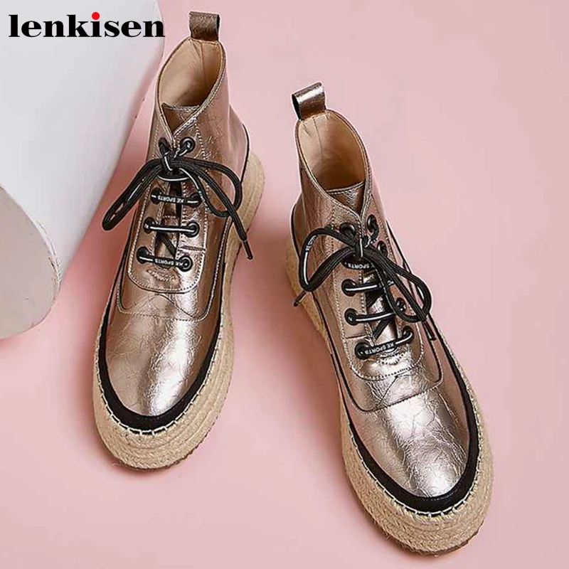 Lenkisen mixed colors weave thick bottom shoes round toe metal cow leather lace up women winter warm fashion ankle boots L11
Lenkisen mixed colors weave thick bottom shoes round toe metal cow leather lace up women winter warm fashion ankle boots L11