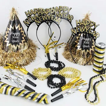 2021 New Year Party Hat Decoration New Year Black Gold Color Necklace Paper Hat Hoop Blowing Dragon Set yl06
2021 New Year Party Hat Decoration New Year Black Gold Color Necklace Paper Hat Hoop Blowing Dragon Set yl06