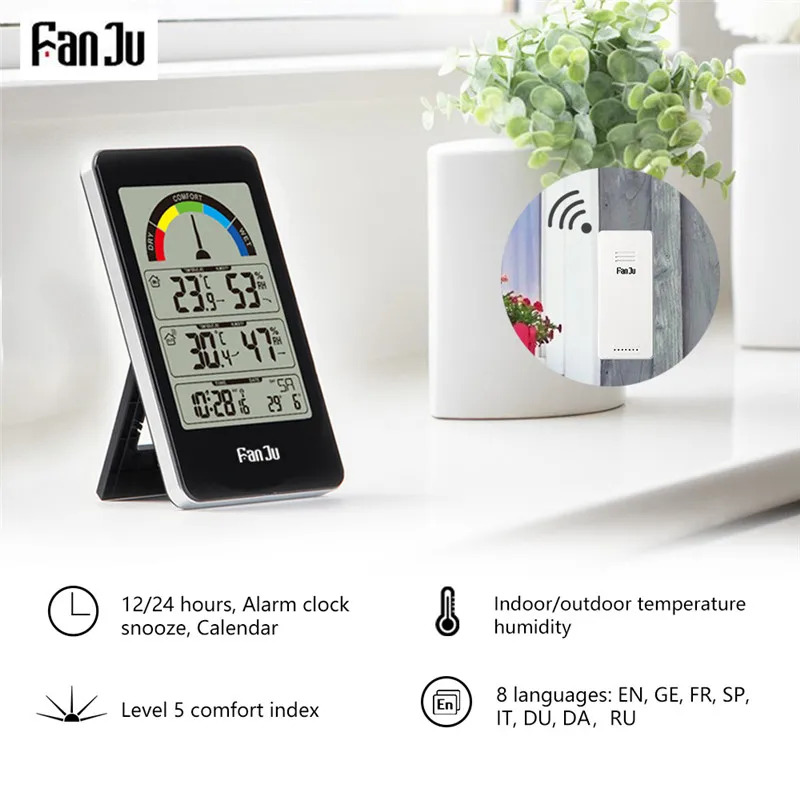 FanJu FJ3356 Digital Weather Station Alarm Clock Thermometer Hygrometer Wireless Sensor Alarm Comfort Pointer Display Table
FanJu FJ3356 Digital Weather Station Alarm Clock Thermometer Hygrometer Wireless Sensor Alarm Comfort Pointer Display Table
