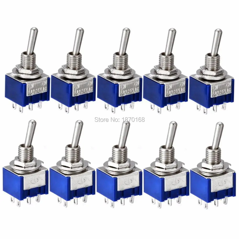 10 Pcs AC 125V 6A Amps ON/ON 2 Position DPDT 6 Pins Miniature Toggle Switch MTS-202
10 Pcs AC 125V 6A Amps ON/ON 2 Position DPDT 6 Pins Miniature Toggle Switch MTS-202