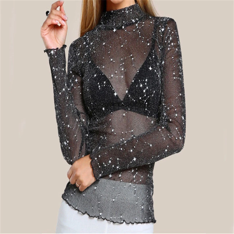Fashion New Ladies Womens Sexy Long Sleeve Shirt Mesh Transparent O Neck Tops Shiny Stars Printed Shirt Blouse plus size Blusa
Fashion New Ladies Womens Sexy Long Sleeve Shirt Mesh Transparent O Neck Tops Shiny Stars Printed Shirt Blouse plus size Blusa