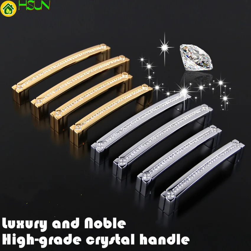 

128mm 160mm Fashion Dexule Diamond Furniture Handle Solid Gold Silver Clear Crystal Kitchen Cabinet Cupboard Dresser Pull Handle