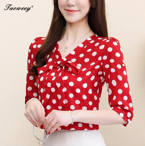 Polka Dot Women Tops and Blouse White Chiffon red Ladies Shirts Casual Vintage V Neck bow office OL half Sleeve Blusa Mujer
Polka Dot Women Tops and Blouse White Chiffon red Ladies Shirts Casual Vintage V Neck bow office OL half Sleeve Blusa Mujer