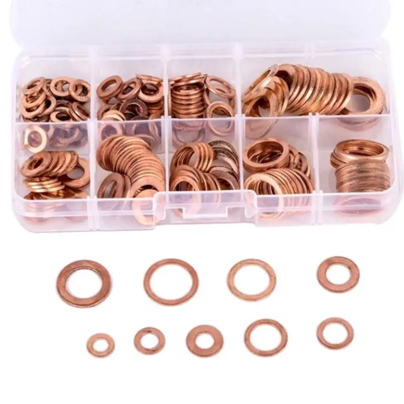 200pcs M5-M14 Box-packed Durable Copper Hardware Oil Seal Fitting Ring Seal Gasket Set Washer Flat Washer Fastener
200pcs M5-M14 Box-packed Durable Copper Hardware Oil Seal Fitting Ring Seal Gasket Set Washer Flat Washer Fastener