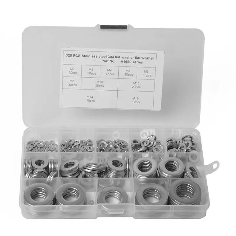 325pcs/box Stainless Steel Flat Washers 10 Sizes M2 M3 M4 M5 M6 M8 M10 M12 M14 M16 Convertible Accessoires
325pcs/box Stainless Steel Flat Washers 10 Sizes M2 M3 M4 M5 M6 M8 M10 M12 M14 M16 Convertible Accessoires