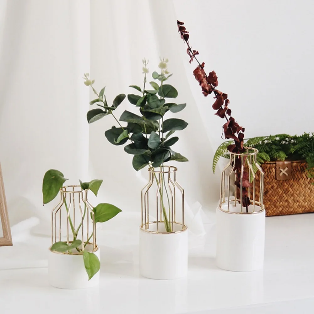 New Arrivals Hydroponic Ceramic Whiteware Flowerpot With Artistic Iron Shelf Succulent Planter Indoor Desktop Decoration | Дом и сад