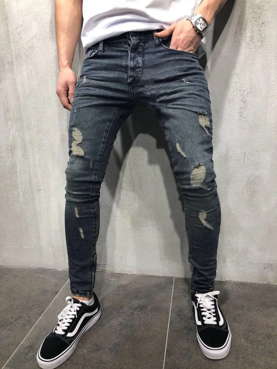 Mens Cool Designer Brand Pencil Jeans Skinny Ripped Destroyed Stretch Slim Fit Hop Pants With Holes For Men | Мужская одежда