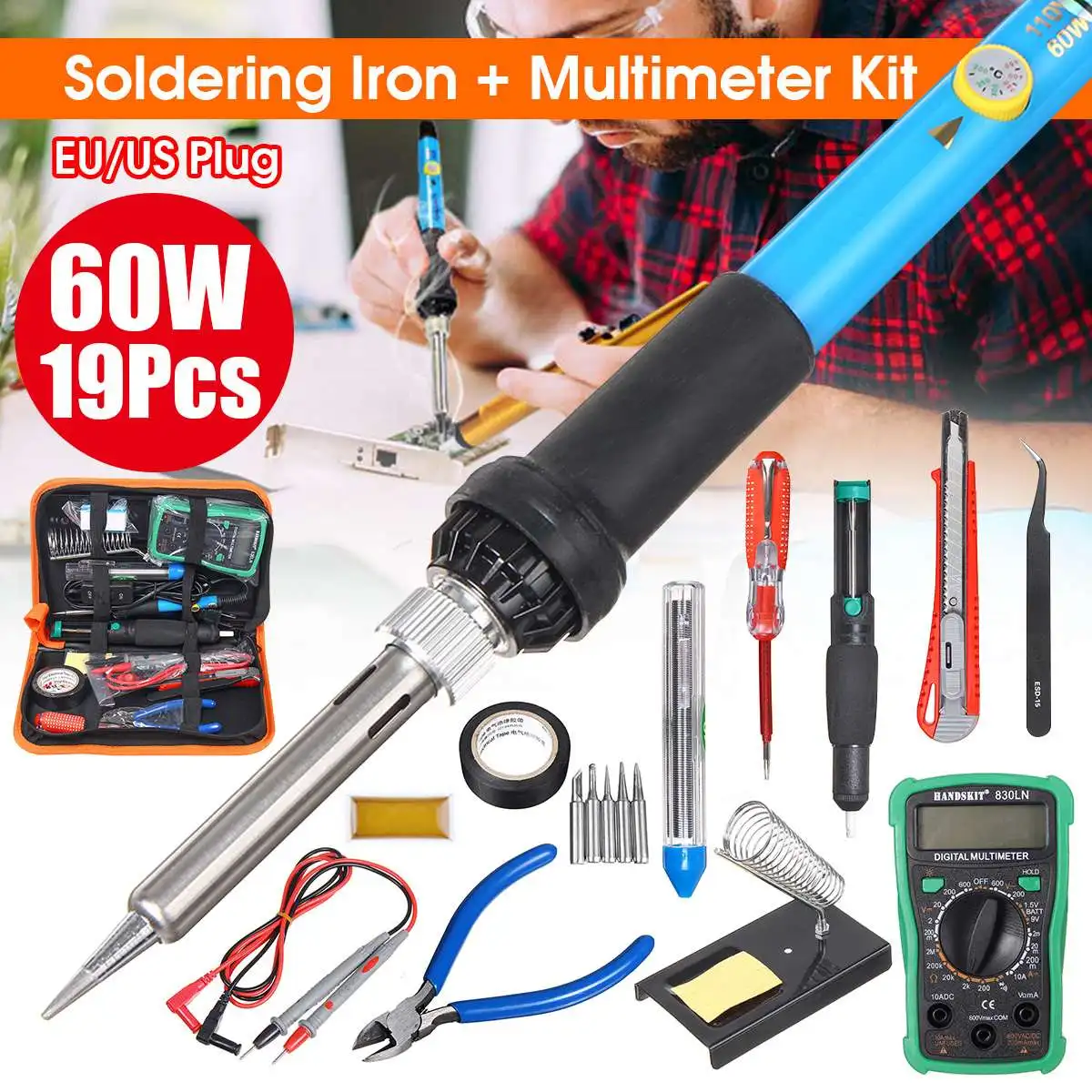 110V/220V 60W Adjustable Temperature Electric Soldering Iron Kit Soldering Stand Tip Desoldeirng Pump with Multimeter Tool
110V/220V 60W Adjustable Temperature Electric Soldering Iron Kit Soldering Stand Tip Desoldeirng Pump with Multimeter Tool