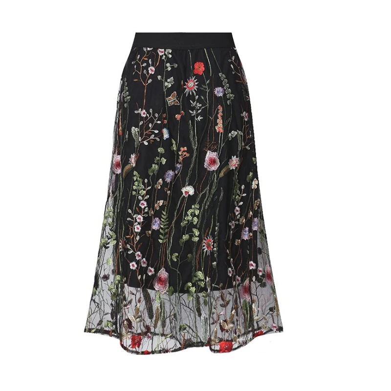 Summer Elastic Waist Plus Size 5XL Bohemian Floral Embroidery Midi Skirt Office Lady Flower Lace Mesh Women Black Long Skirts
Summer Elastic Waist Plus Size 5XL Bohemian Floral Embroidery Midi Skirt Office Lady Flower Lace Mesh Women Black Long Skirts