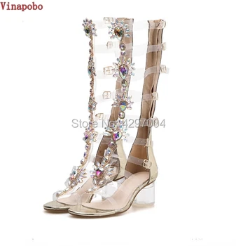 Clear PVC transparent Sandals Thick Heels Woman Knee High Rhinestone Gladiator Sandal Long Boots Bohemia Crystal Beach Shoes
Clear PVC transparent Sandals Thick Heels Woman Knee High Rhinestone Gladiator Sandal Long Boots Bohemia Crystal Beach Shoes