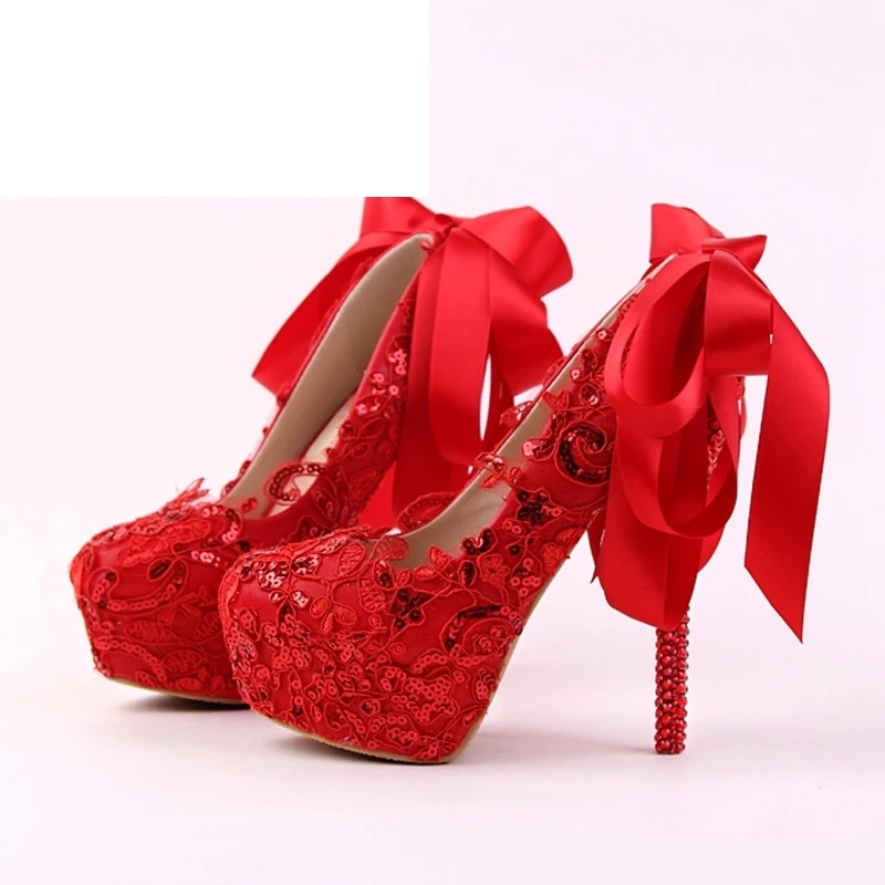 Handmade Red Lace Bride Shoes Fashion Glitter Stiletto Heel Wedding Dress Shoes with Ribbon Bow and Rhinestone Heel Women Pumps
Handmade Red Lace Bride Shoes Fashion Glitter Stiletto Heel Wedding Dress Shoes with Ribbon Bow and Rhinestone Heel Women Pumps