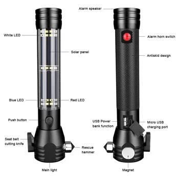 USB Rechargeable Solar Flashlight Red+Blue LED Torch Safety Hammer Power Bank Alarm Survival Cutting Tool For Emergency Outdoors
USB Rechargeable Solar Flashlight Red+Blue LED Torch Safety Hammer Power Bank Alarm Survival Cutting Tool For Emergency Outdoors