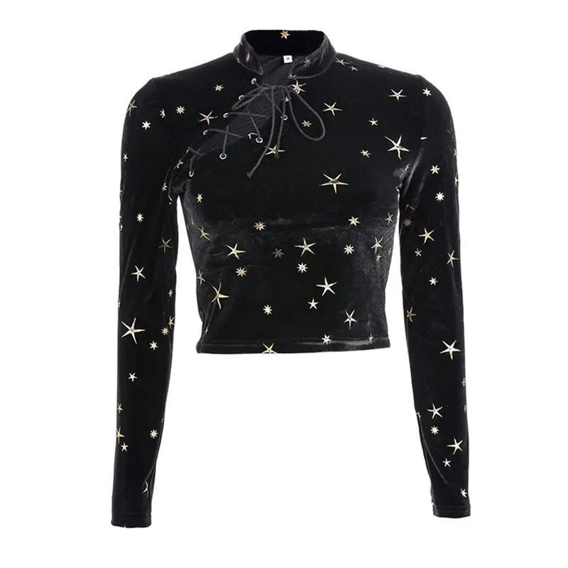 t shirt Women Casual Velvet Harajuku Chinese Style Gothic OL Lady Tops Elegant Black Slim Stand Collar Print Star Female T-shirt
t shirt Women Casual Velvet Harajuku Chinese Style Gothic OL Lady Tops Elegant Black Slim Stand Collar Print Star Female T-shirt