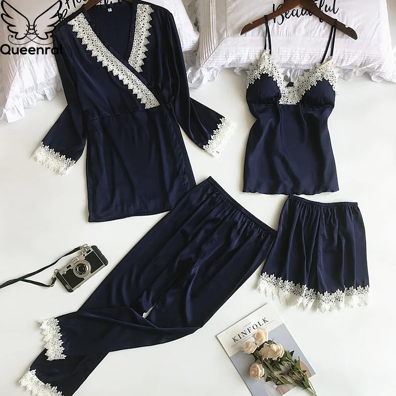 Queenral 4pcs Pajama Sets For Women Sleep Lounge Satin Sleepwear Pijama Spring Home Wear Pyjama With Chest Pads Nightwear Set
Queenral 4pcs Pajama Sets For Women Sleep Lounge Satin Sleepwear Pijama Spring Home Wear Pyjama With Chest Pads Nightwear Set