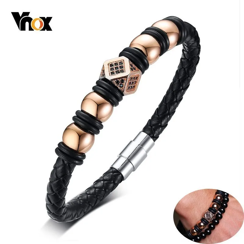 Vnox Stylish Mens Real Leather Bracelets with Rose Gold and Black CZ Stones Charm Cuff Bangle Gift for Male Gentleman
Vnox Stylish Mens Real Leather Bracelets with Rose Gold and Black CZ Stones Charm Cuff Bangle Gift for Male Gentleman