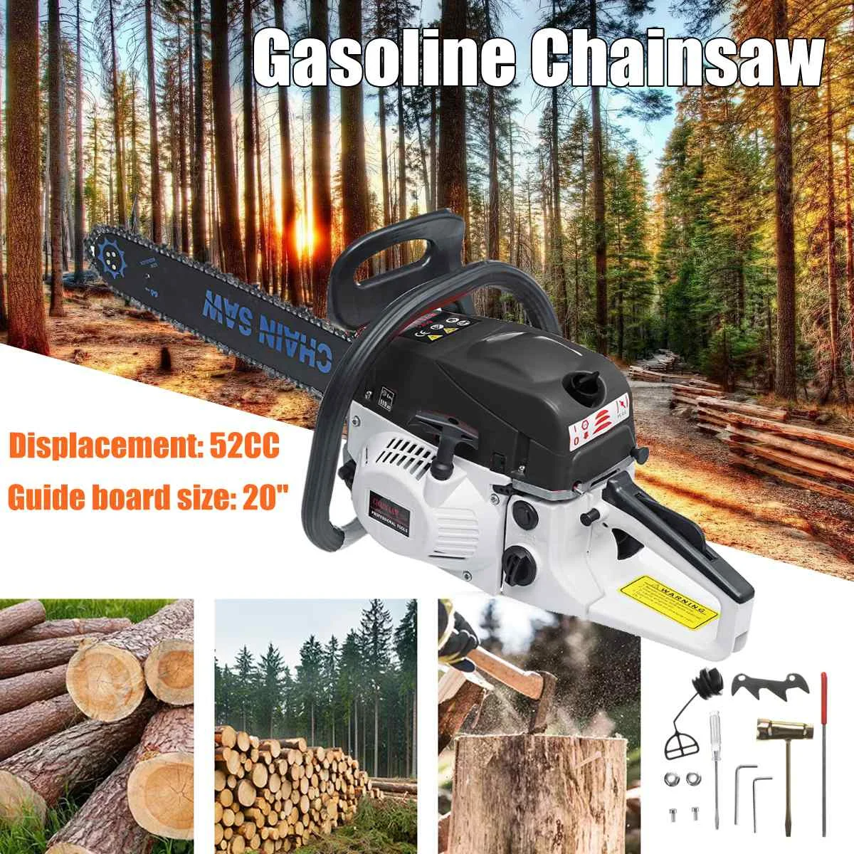 52CC Chainsaw 20'' Gas Powered Gasoline Chainsaw Saw Blade with Chains Bar Cover and Tool Kit for Garden Home
52CC Chainsaw 20'' Gas Powered Gasoline Chainsaw Saw Blade with Chains Bar Cover and Tool Kit for Garden Home