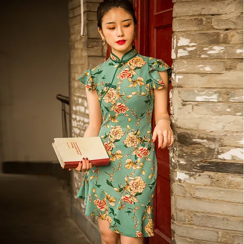 Летнее платье женское классический элегантный Cheongsam китайский стиль короткий