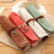 クリエイティブレトロキャンバスペンケースロール革 PU 鉛筆バッグ収納ポーチ文具学用品多機能バッグ(China)