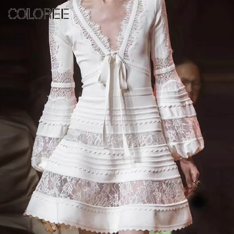 European High Quality Runway Dress Women Vintage V-neck Lantern Sleeve White Black Lace Cotton Patchwork Midi Dress 2019
European High Quality Runway Dress Women Vintage V-neck Lantern Sleeve White Black Lace Cotton Patchwork Midi Dress 2019