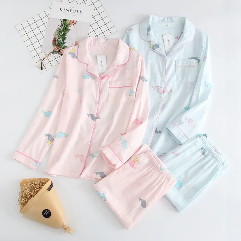 Autumn 100% Cotton Double Gauze Long-sleeved Pajamas Suit Cartoon Cute Dolphin Sleepwear Trousers Pyjamas Women Pijamas Pj Set
Autumn 100% Cotton Double Gauze Long-sleeved Pajamas Suit Cartoon Cute Dolphin Sleepwear Trousers Pyjamas Women Pijamas Pj Set