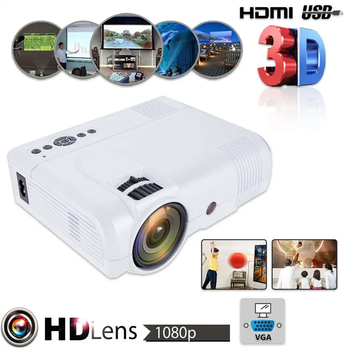 

3D 1080P Mini Projector Full HD L8 3000 lumens LED Cinema Video Digital HD Home Theater Projector with AV Cable Power Cable