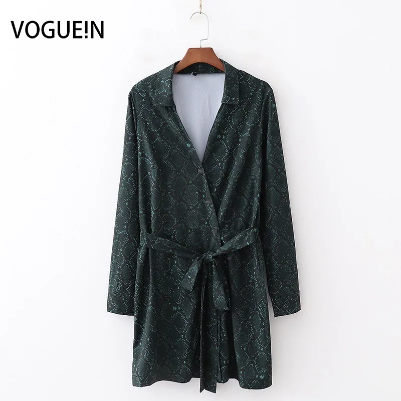 VOGUEIN New Womens Black/Green Snake Pattern Print Long Sleeve Tie Mini Dress Wholesale | Женская одежда