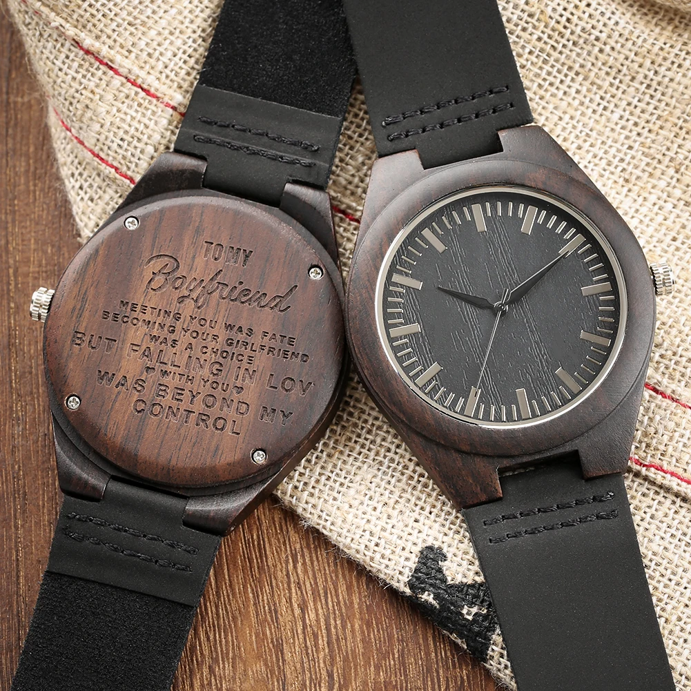 Engraved Woodern Watch TO MY Boyfriend Pattern Quartz Geniur Leather Band Wooden Souvenir Gifts for | Наручные часы