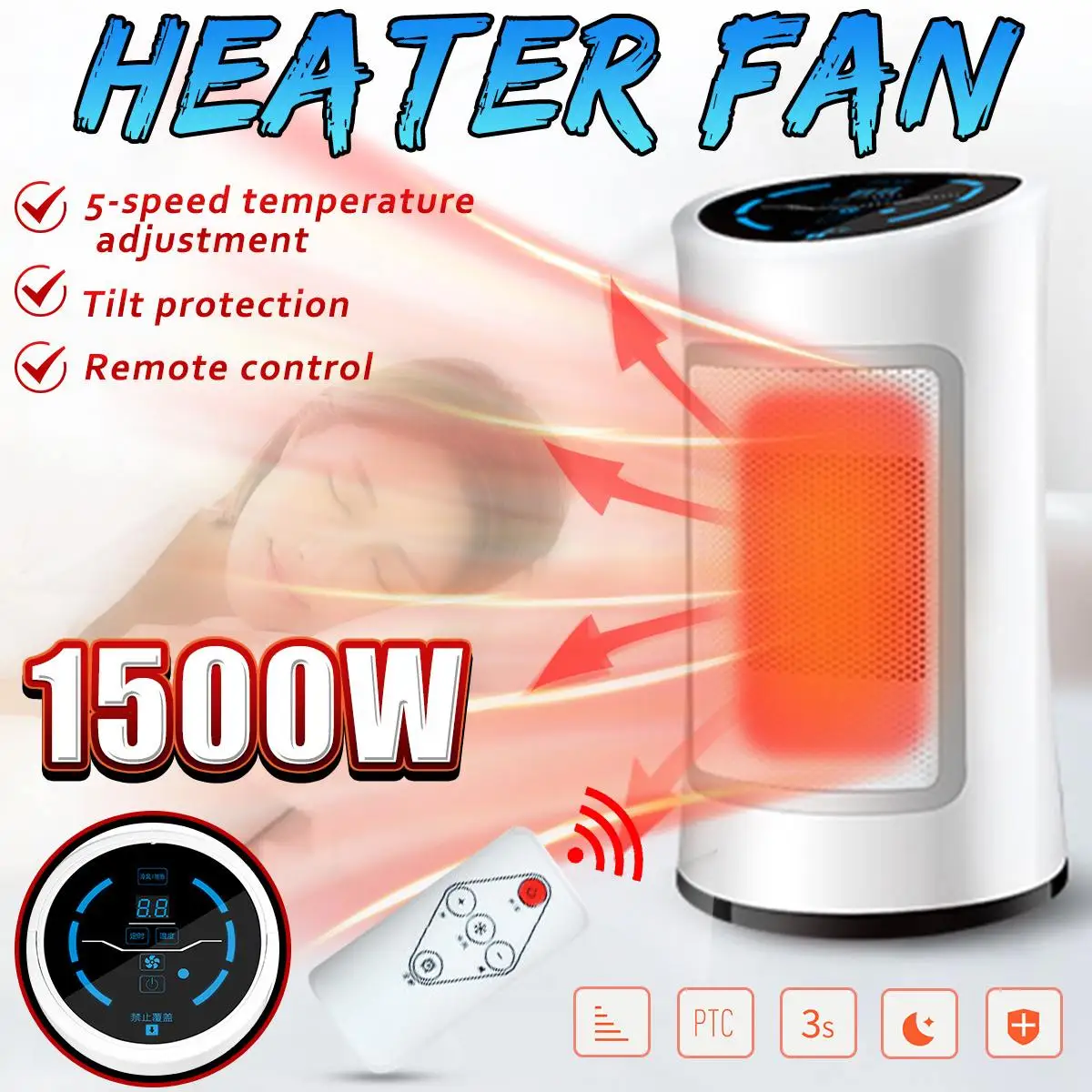 1500W Electric Heater Fan 5 Speed Home Office Portable Fan Air Heater Winter Warmer with Remote Control
1500W Electric Heater Fan 5 Speed Home Office Portable Fan Air Heater Winter Warmer with Remote Control