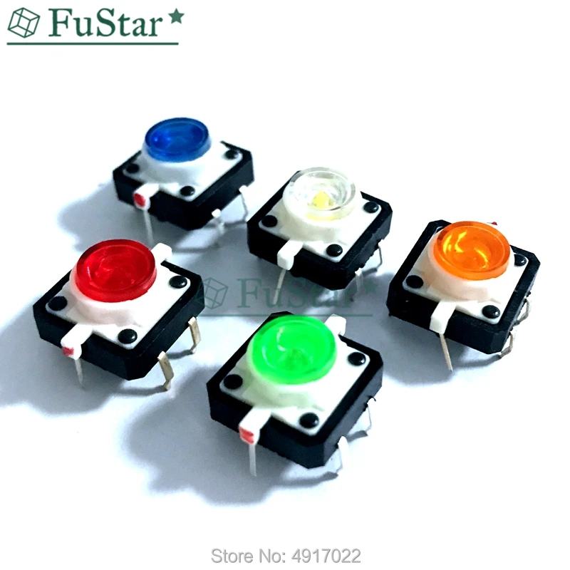 

5PCS 12X12X7.3 Tactile Push Button Switch Momentary Tact LED 5 Color 12X12X7.3mm 12*12*7.3mm DC12V 50mA 12*12*7.3 mm Blue Light