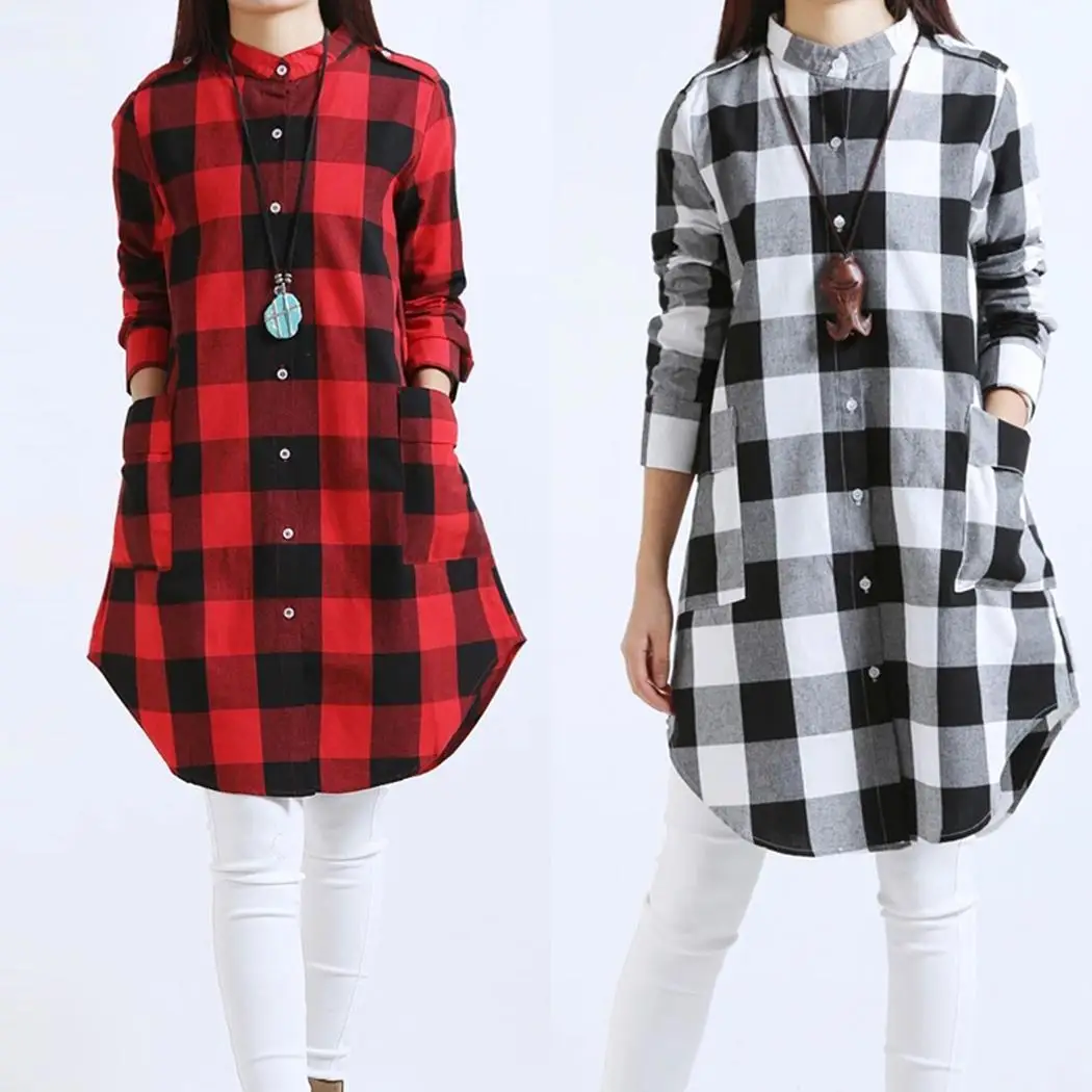 Women Casual Stand Collar Long Sleeve Single Breasted Plaid Above Knee Spring, Autumn Loose Shirt
Women Casual Stand Collar Long Sleeve Single Breasted Plaid Above Knee Spring, Autumn Loose Shirt