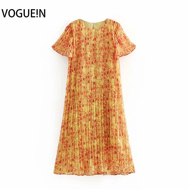 VOGUEIN New Womens O-Neck Floral Print Yellow Short Sleeve Chiffon Pleated Midi Dress Wholesale | Женская одежда