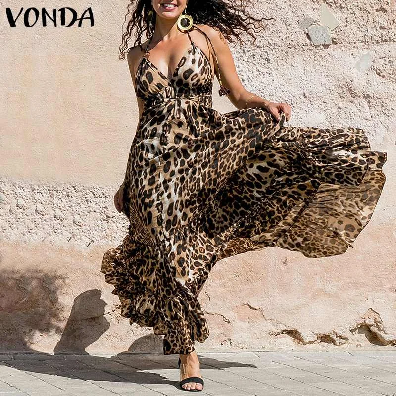

Women Leopard Print Dress 2019 Summer Sexy Spaghetti Strap Backless Ruffle Bing Swing Fashion Party Dresses Plus Size
