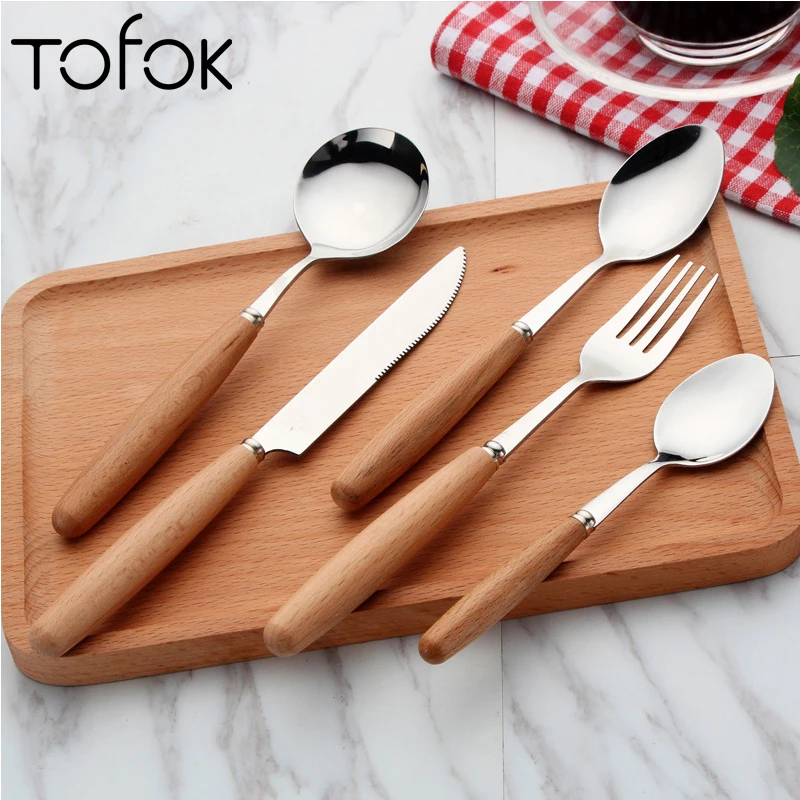 Tofok Wooden Handle Dinnerware Stainless Steel Plated Silver Spoon Fork Kitchen Tableware Cutlery Luxury European Western Stye
Tofok Wooden Handle Dinnerware Stainless Steel Plated Silver Spoon Fork Kitchen Tableware Cutlery Luxury European Western Stye