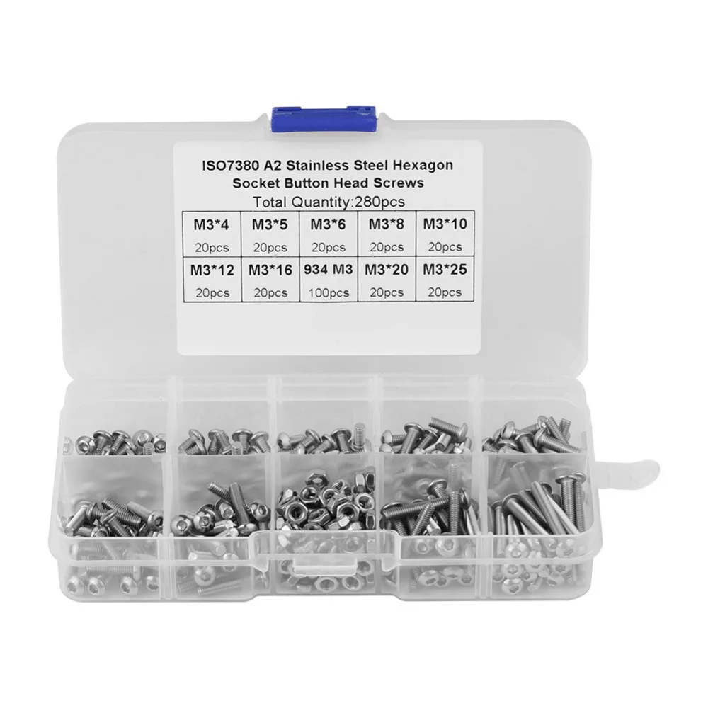 New Hot 280pcs/set M3 Stainless Steel Hex Socket Button Head Screws Bolts Nuts Assortment Kit Fasteners Hardware with Box
New Hot 280pcs/set M3 Stainless Steel Hex Socket Button Head Screws Bolts Nuts Assortment Kit Fasteners Hardware with Box