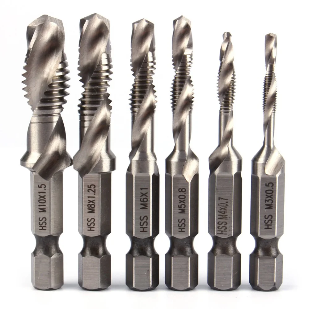 6pcs Screw Tap Drill Bits Hss Taps Countersink Deburr Set Metric Combination Bit High Speed Steel 1/4 IN Quick Change Hex
6pcs Screw Tap Drill Bits Hss Taps Countersink Deburr Set Metric Combination Bit High Speed Steel 1/4 IN Quick Change Hex