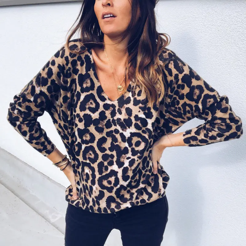 Leopard Print Women T-Shirt Fashion Loose Casual Long Sleeve V-neck Sexy Tops AutumnStylish | Женская одежда