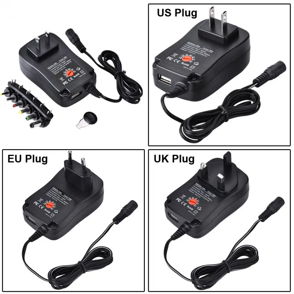 Universal AC / DC Power Adapter Supply 5V 2.1A USB Port 6 Tips 30W 3V/4.5V/5V/6V/7.5V/9V/12V US EU UK Plug Optional
Universal AC / DC Power Adapter Supply 5V 2.1A USB Port 6 Tips 30W 3V/4.5V/5V/6V/7.5V/9V/12V US EU UK Plug Optional