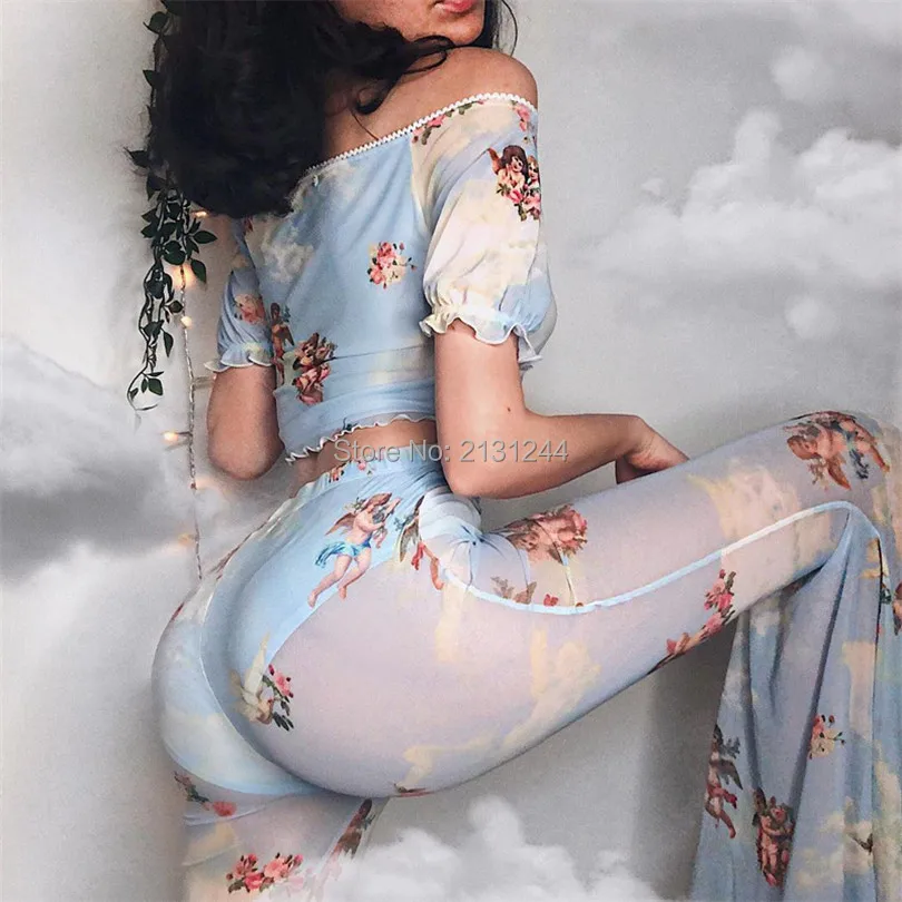 Angel Print Mesh See Through Flare Pants V Neck Ruffles T Shirts Short Sleeve Crop Tops Elastic Cupid Long Pant Clothes
Angel Print Mesh See Through Flare Pants V Neck Ruffles T Shirts Short Sleeve Crop Tops Elastic Cupid Long Pant Clothes