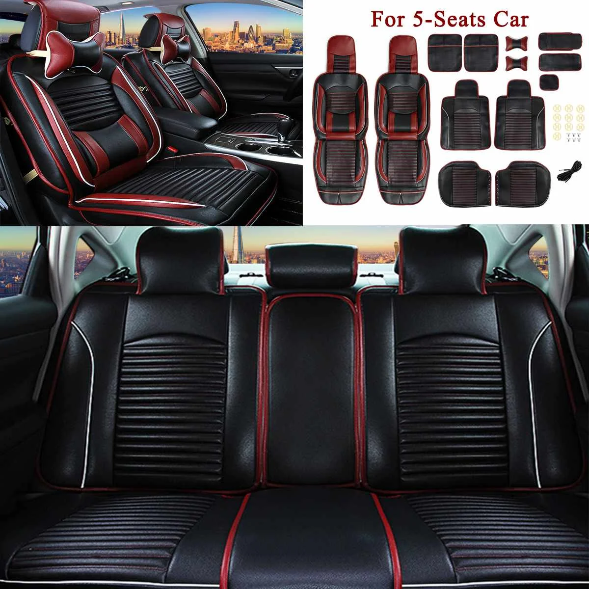 

For 5 Seat Car Luxury Black PU Leather Full Surround Car Seat Cover Cushion Front Rear Set Car Styling Auto Seat Protector Case