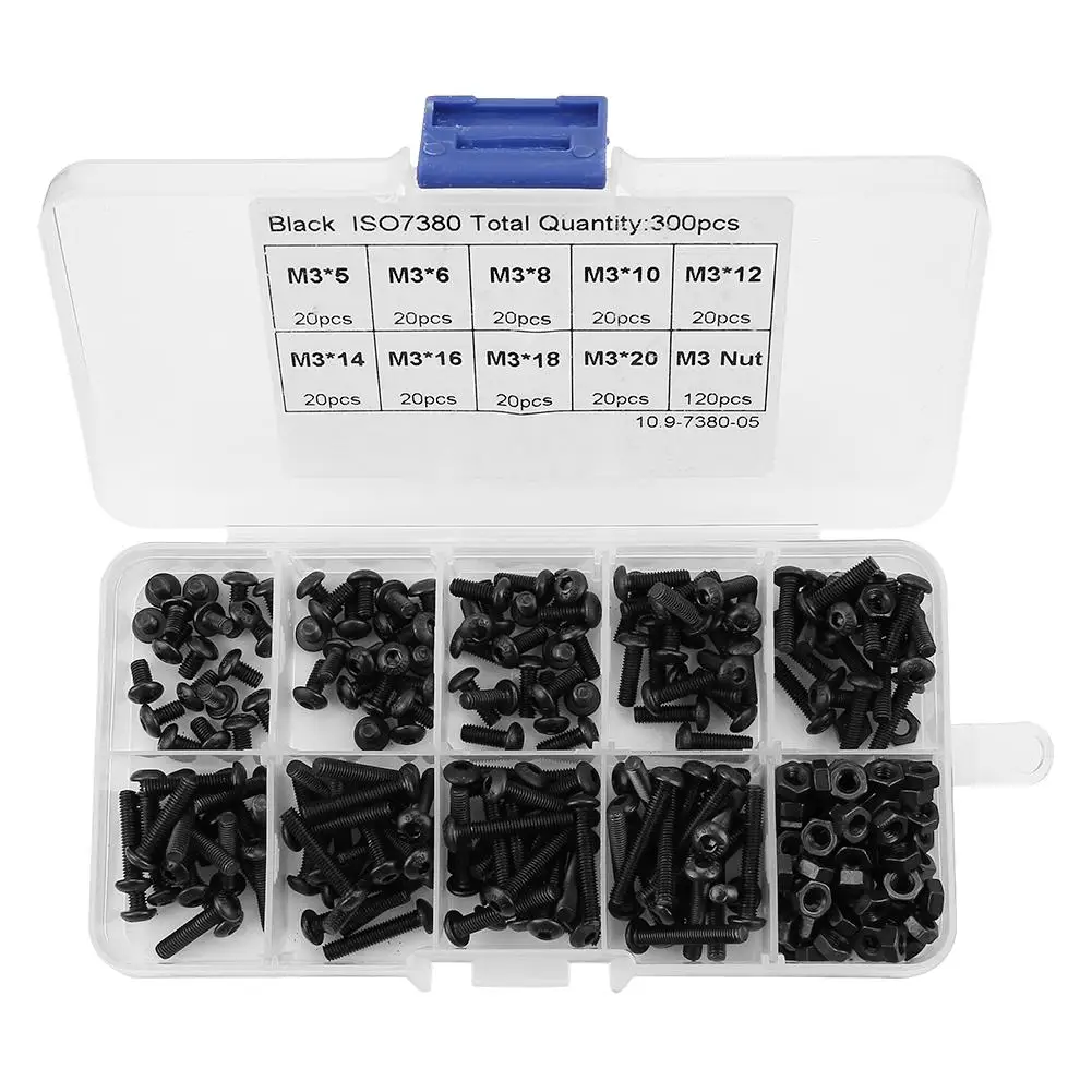 300pcs M3 Screws Nuts 10.9 Grade Button Head Hex Socket Screw Bolt Nut Assortment Kit Hardware Tools
300pcs M3 Screws Nuts 10.9 Grade Button Head Hex Socket Screw Bolt Nut Assortment Kit Hardware Tools